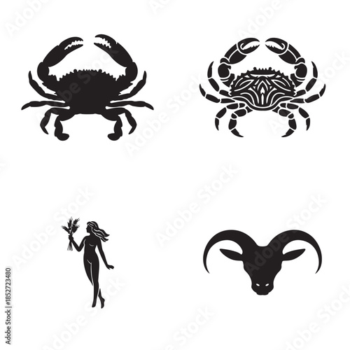 Four distinct black silhouettes representing zodiac signs: Cancer, Virgo, and Capricorn