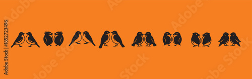 Two birds facing each other icon set , symmetrical line design  in black and white in white background