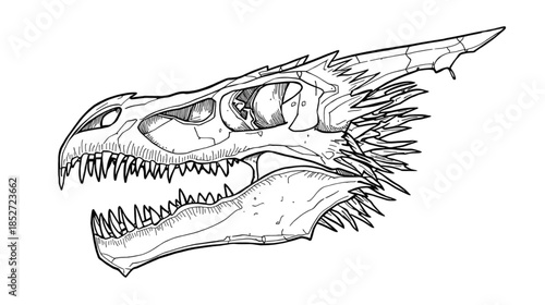 Stylized Line Art Illustration of a Ferocious Dragon or Monster Head on Black Background