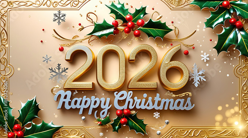 A gold decorative frame with “2020” and “Merry Christmas” sits among holly, bells, 8k image