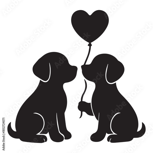 Two adorable puppies share a heart balloon, symbolizing love and friendship.