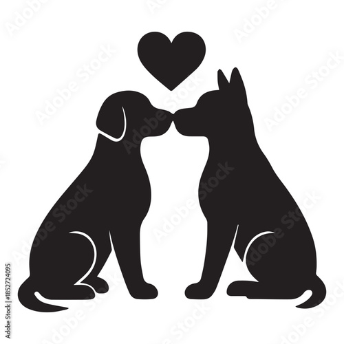 Two silhouetted dogs sharing a tender moment with a heart above them, symbolizing love and companionship.