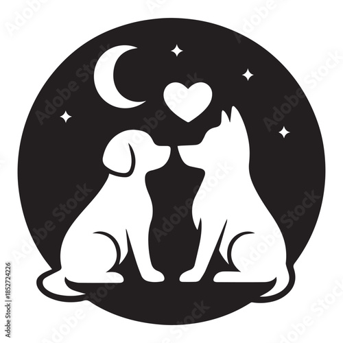 Two adorable dogs share a tender moment under a starry night sky with a heart symbol.