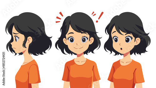 Cartoon woman with different facial expressions and emotions in three poses