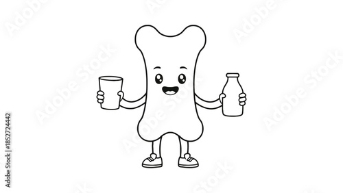 Cartoon bread character holding milk and glass of water with happy expression