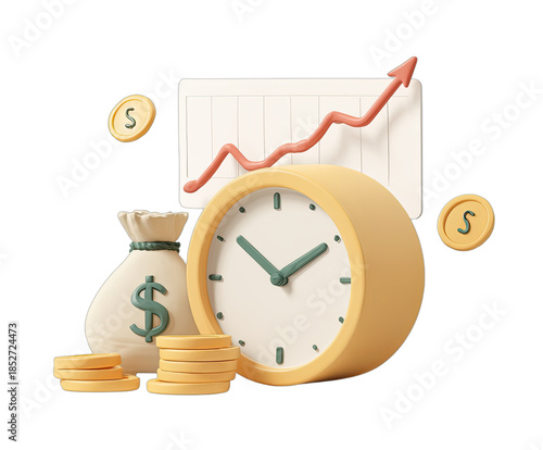 3D illustration of financial growth and time management with coins, clock, and chart