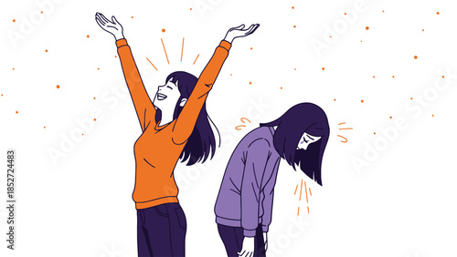 Two women experiencing different emotions, happiness and sadness, illustration