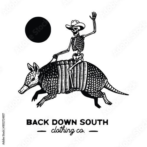 Vintage Western Skeleton Cowboy Riding Armadillo with Back Down South Graphic Illustration.