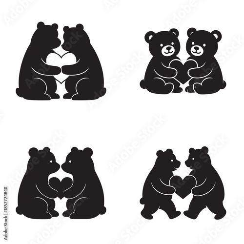 Adorable bears sharing a heart, symbolizing love and friendship in sweet poses.