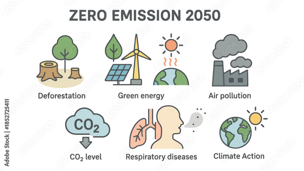 Fototapeta Zero Emission 2050, Climate Action, Green Energy, Sustainability Goals