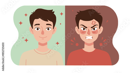 Contrasting emotions of a cartoon man happy and angry faces side by side