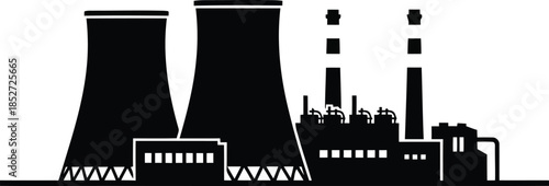 Black silhouette of a power plant with cooling towers and chimneys