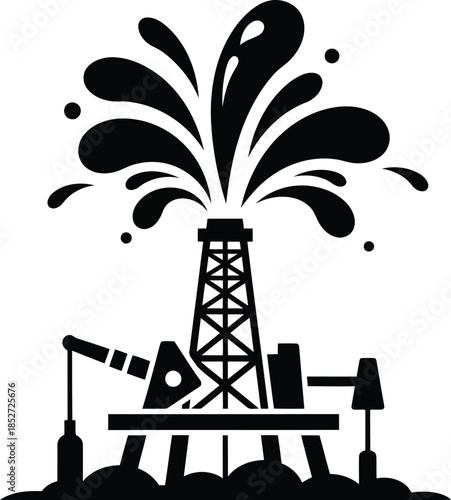 Black silhouette of an oil derrick with a gusher and pumpjack