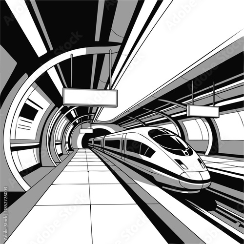 Modern bullet train speeding through sleek futuristic station
