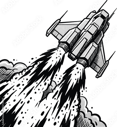 Futuristic spaceship blasting off into the sky with dynamic flames