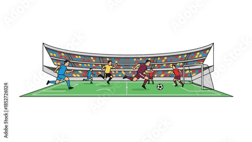 Soccer players in action on a green field with stadium background