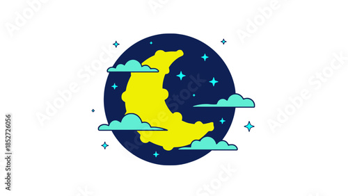Crescent Moon with Clouds and Stars in Night Sky Illustration