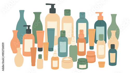 Collection of various colorful cosmetic bottles and containers for skincare products