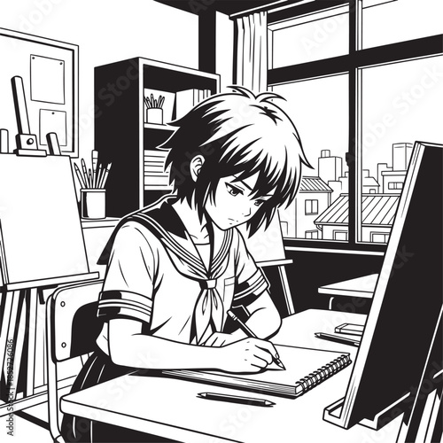 Focused schoolgirl studying with pencil and notebook at desk