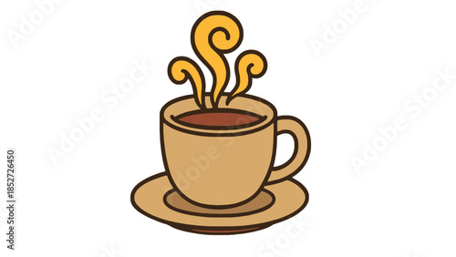 Steaming hot coffee cup on saucer, morning beverage, warm and cozy drink