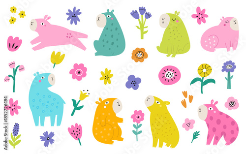 Cute Capybara Vector Set with Colorful Flowers. Bright Kids Illustrations