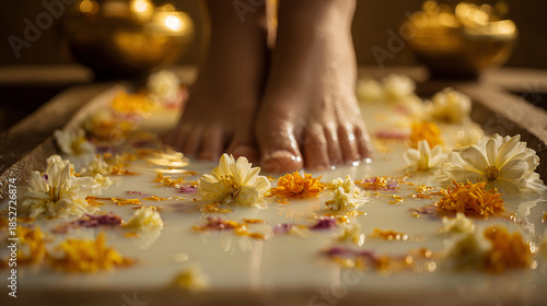 Beautiful Female Feet Soaking in a Luxurious Milk Foot Bath with Floating Yellow and White Flowers, Spa Treatment and Relaxation Concept