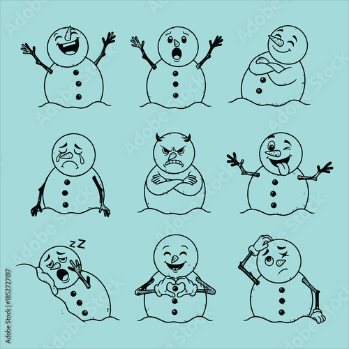 Nine snowmen with different emotions on their faces and body language