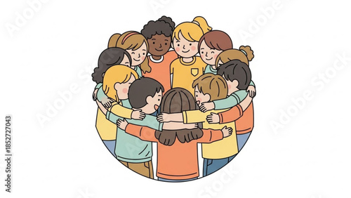 Diverse group of children hugging in a circle representing friendship and unity perfect for educational or community concepts