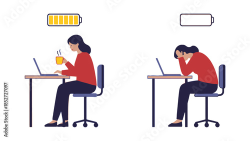 Woman with full energy battery working productively versus drained and exhausted at her desk.