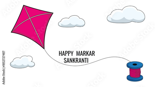  Happy makar sankranti minimalist illustration with colorful flying kite, thread spool and clouds for indian harvest festival greeting isolated on white background