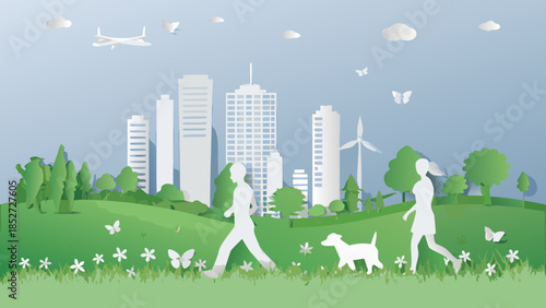 Paper art cityscape with people dogs and environmental elements