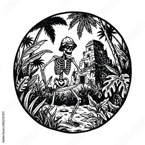 Skeleton Explorer With Machete Near Ancient Temple in Jungle Illustration.