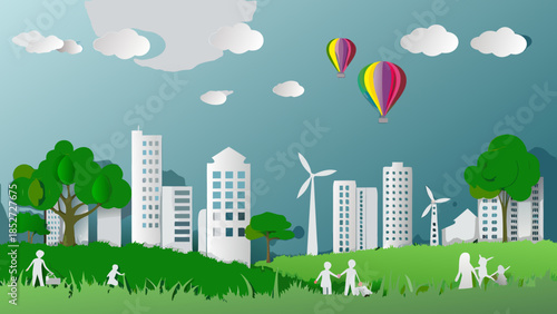 Papercraft cityscape with colorful hot air balloons and people enjoying nature