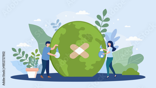 People tending to a green earth with a bandage environmental care concept