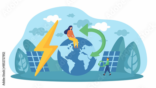 Sustainable energy concept with a woman on earth and renewable resources