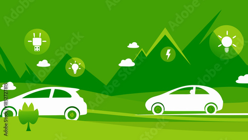 Sustainable transportation and renewable energy sources illustrated with a scenic landscape