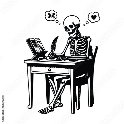 Skeleton Writing With Quill Pen at Wooden Desk Line Art Illustration.