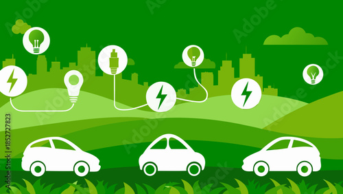 Green energy powering a sustainable city with electric vehicles and bright ideas