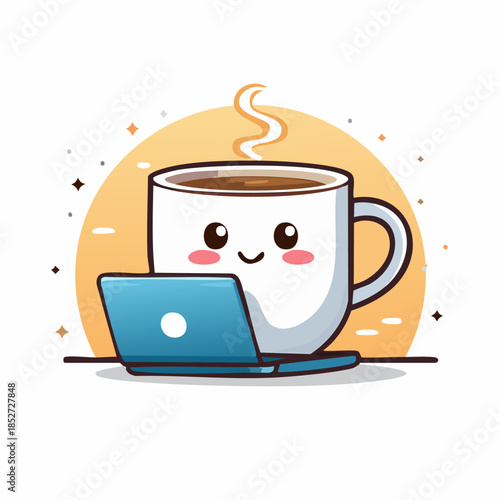 Cute coffee mug with laptop smiling cheerfully in modern workspace