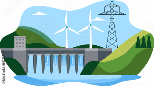 A scenic view of wind turbines a dam and power lines in a landscape