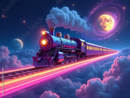 Magical train traveling through space on rainbow tracks