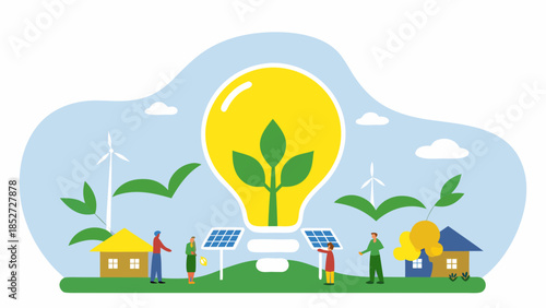Sustainable energy concept with lightbulb solar panels wind turbines and green foliage