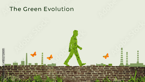 Pixelated figure walking amidst a cityscape and natural elements