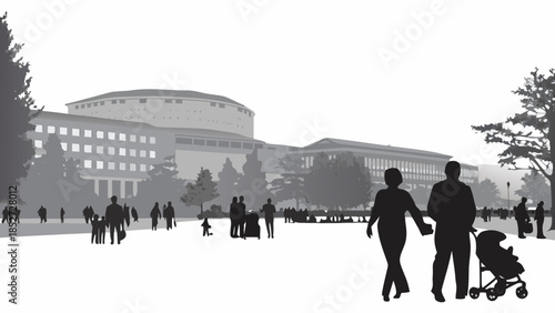 A grayscale scene depicting people walking in front of a classical building