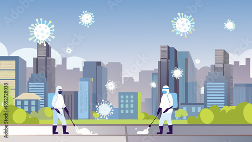 City landscape with hazmat suited personnel and floating virus particles