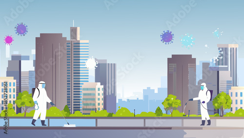 Cityscape with hazmat suited figures disinfecting against a viral outbreak backdrop