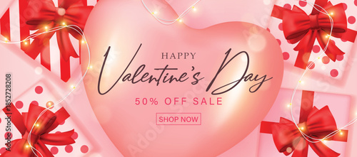 Festive Valentine's Day Sale Banner Featuring Pink Heart, Elegant Script Text, Gift Boxes, and Decorative Lights