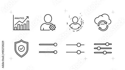 Modern outline icon set for user interface design, including graphs, settings, and cloud services.