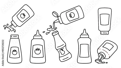 A collection of various ketchup bottles and dispensers with splashes.