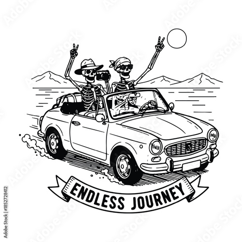Two Skeletons Enjoying a Road Trip In a Vintage Convertible Car Illustration.